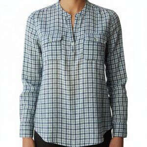 Lucky Brand Top Plaid Pullover Cotton Blue and White V-Neck Size Medium